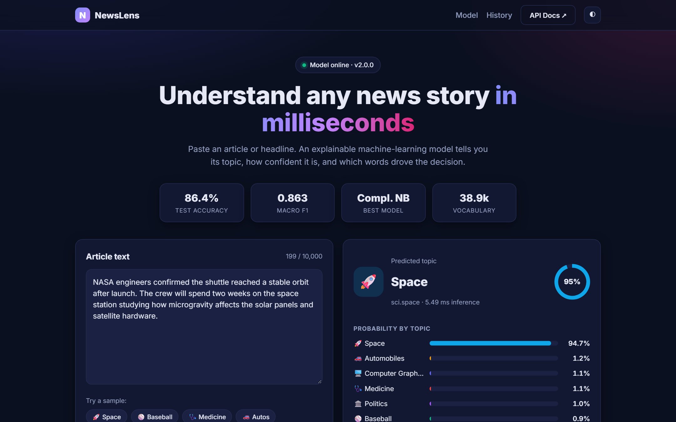 NewsLens app classifying a space article